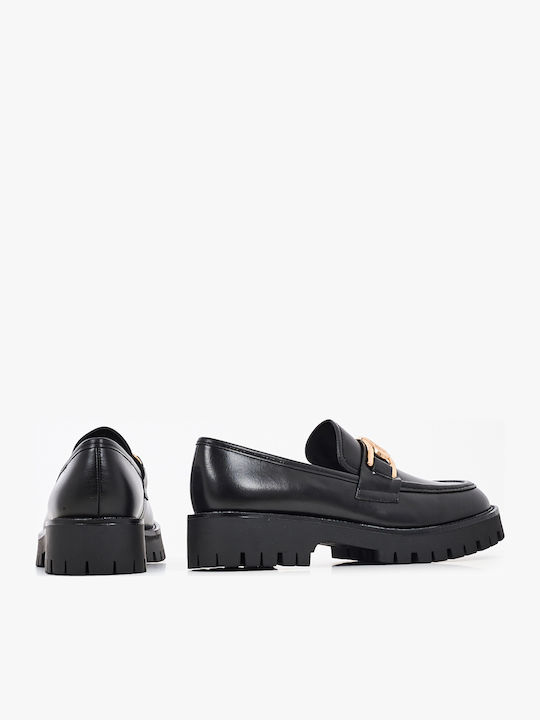 Leather Women's Loafers Black - Gold