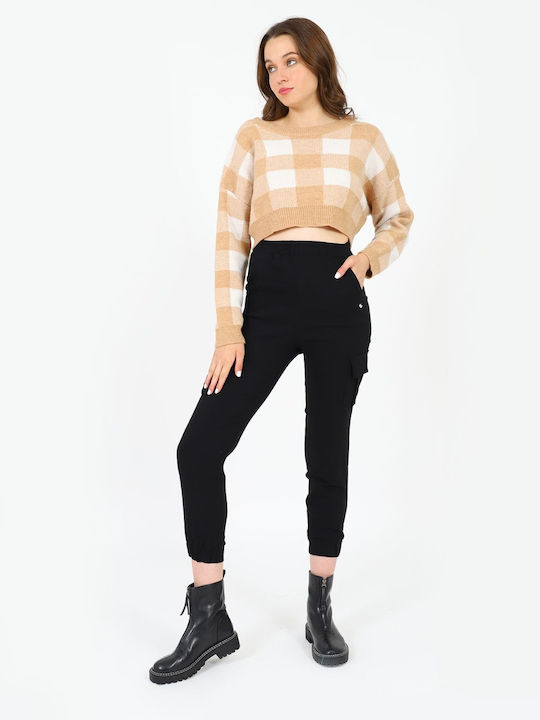 Women's Crop Top Long Sleeve Checked Beige