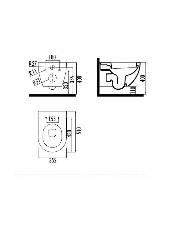 Creavit Free Wandhängende Toilette mit Schlank Deckel Thermoplast Sanftes Schließen und Bidet Weiße