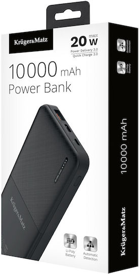 Kruger & Matz KM0904 Външна Батерия 10000mAh 20W с USB-A Изходен Порт и USB-C Изходен Порт Power Delivery / Бързо Зареждане Черна