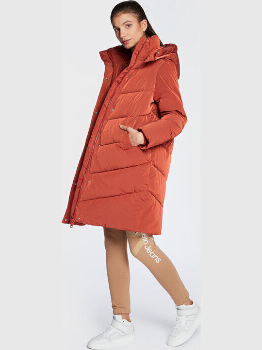 Μακρύ Γυναικείο Puffer Μπουφάν για Χειμώνα Deep Orange