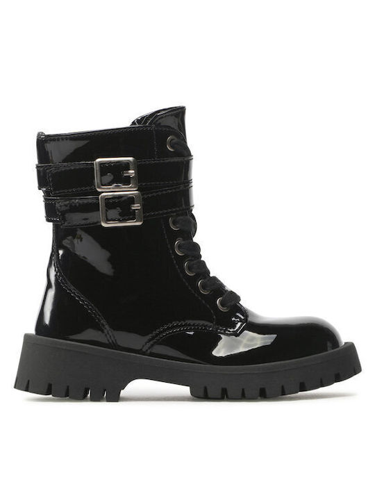 Big Star Kids Patent Leather Military Boots with Lace Black