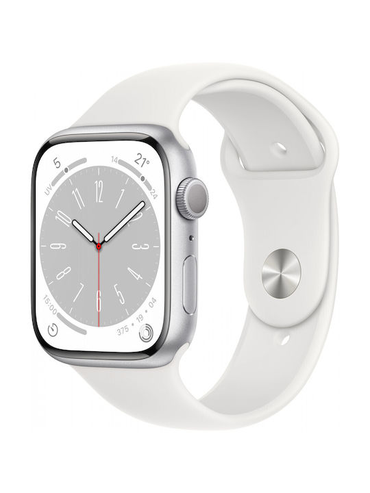 Apple Watch Series 8 Cellular Aluminium 45mm Waterproof with eSIM and Heart Rate Monitor (Silver with White Sport Band)