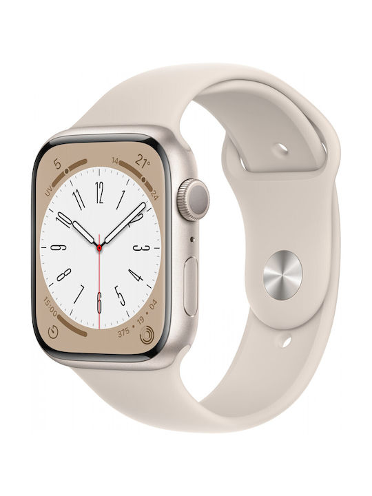 Apple Watch Series 8 Cellular Aluminiu 45mm Rezistent la apă cu eSIM și pulsometru (Starlight cu Starlight Sport Band)