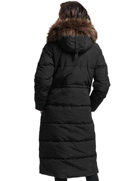 Superdry Everest Women's Long Puffer Jacket for Winter with Detachable Hood Black