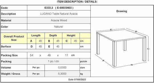 Auxiliary Table for Small Outdoor Spaces Made of Acacia Lugano Natural 45x45x45cm