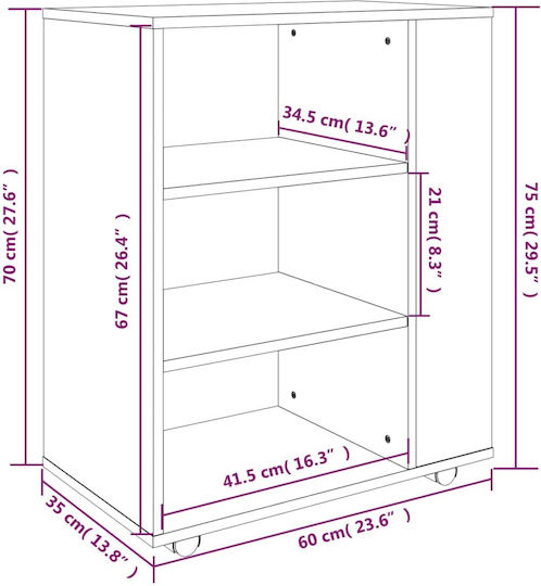 vidaXL Büroaufbewahrungsschublade und -schrank Holzschattierung Eiche mit Rädern 60x35x75cm