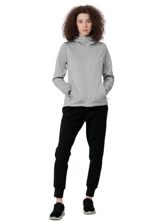 4F Women's Short Sports Softshell Jacket Waterproof and Windproof for Winter with Hood Gray