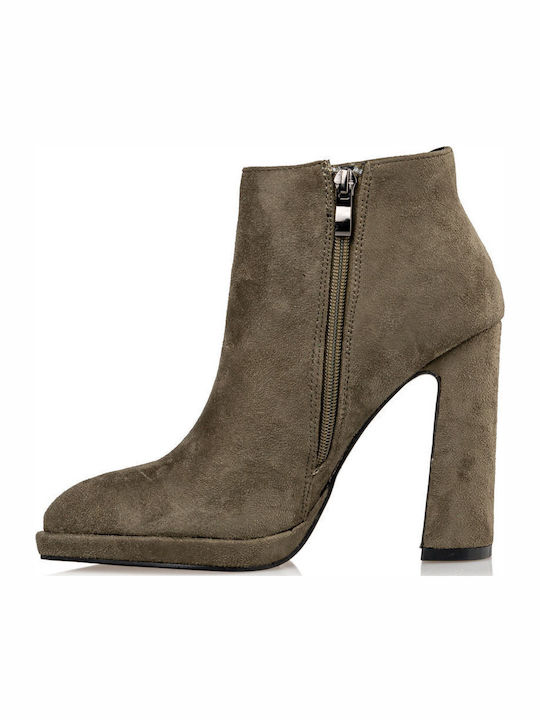 Suede Women's Ankle Boots with High Heel Khaki
