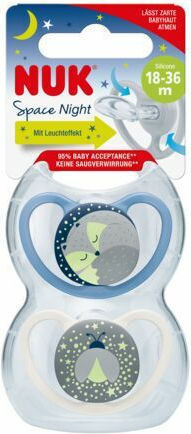 Nuk Space Orthodontic Pacifiers Silicone Night with Case Cat / Bee - Blue / White for 18-36 months 2pcs