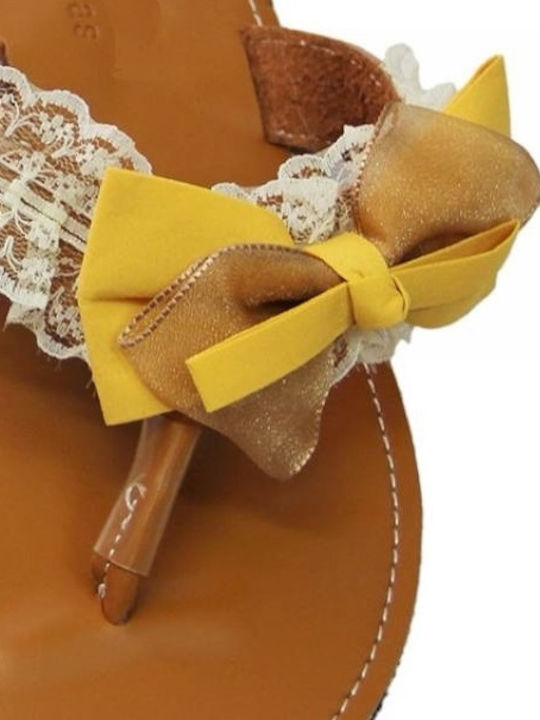 Sandals sandals handmade leather brown with yellow fabric bow and white lace (tatu moyo) 5932-502Y1