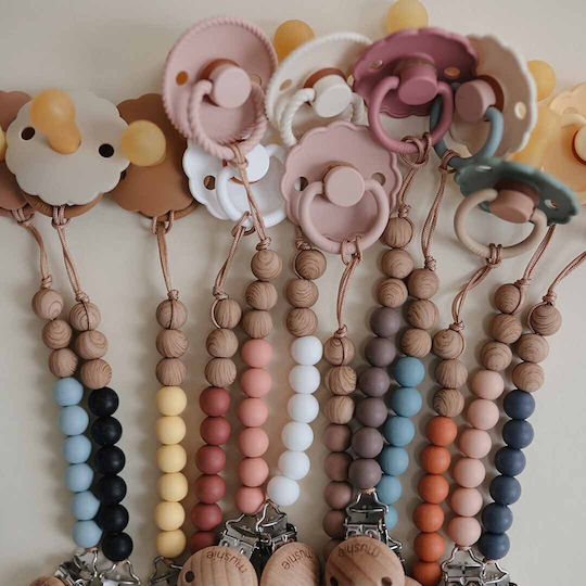 Mushie Pacifier Clip with Purple Wooden Beads