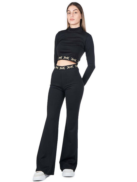 Bluze Damă Crop cu Guler Înalt Mânecă Lungă Negru