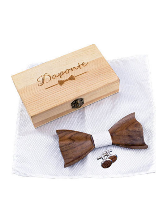 Daponte Wooden Handmade Bow Tie Set with Cufflinks and Pochette White