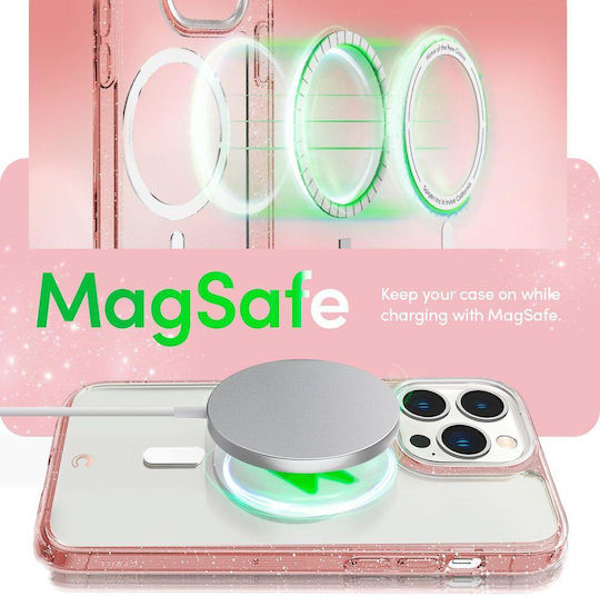 Spigen Cyrill Shine MagSafe Back Cover Silicon 0.2mm Set cu Geam Glitter Rose (iPhone 14 Pro)