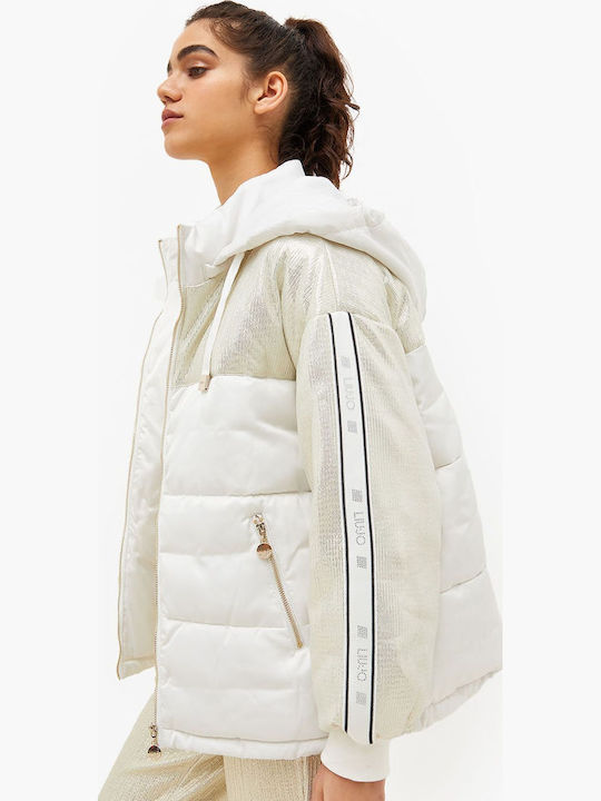 Women's Short Puffer Jacket for Winter with Hood White