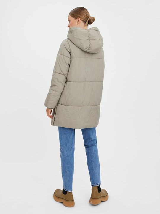 Vero Moda Women's Long Puffer Jacket for Winter with Hood Gray