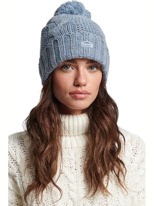 Cable Knit Bobble Pom Pom Beanie Γυναικείος Σκούφος με Πλεξούδες Soft Blue Tweed