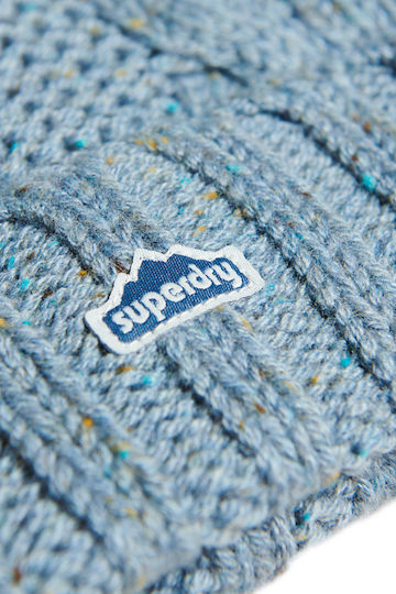 Cable Knit Bobble Pom Pom Beanie Frauen Beanie mit Strickmuster Soft Blue Tweed