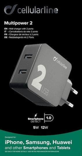 Cellular Line Φορτιστής Χωρίς Καλώδιο με 2 Θύρες USB-A 24W Μαύρος (ACHUSB224WK)