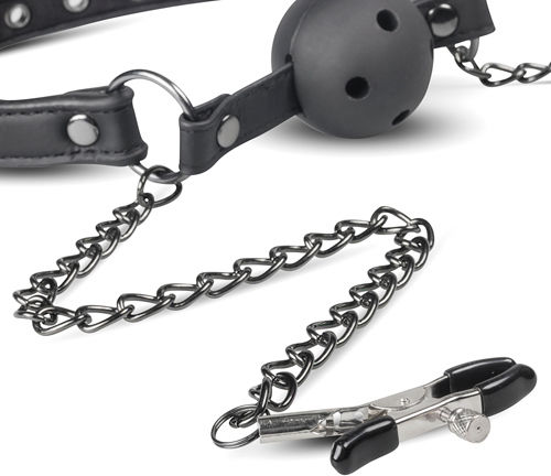 Easytoys Open Ball Gag with Nipple Clamps BDSM Kit σε Μαύρο Χρώμα