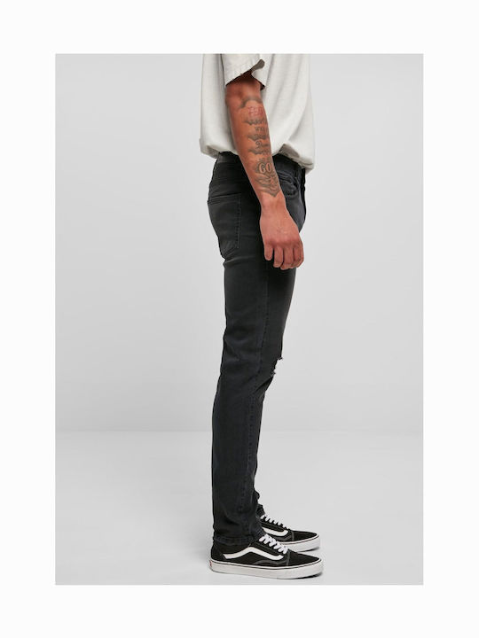 Men's Elastic Jeans Pants with Regular Fit Black Destroyed Washed
