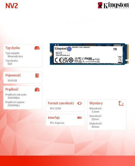 Kingston NV2 SSD 1TB M.2 NVMe PCI Express 4.0 SNV2S/1000G
