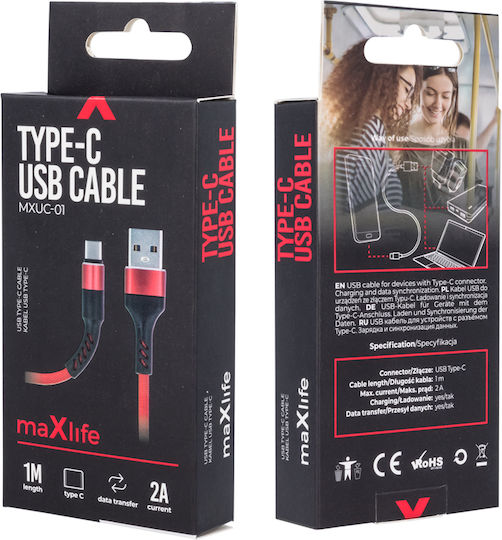 Maxlife Fast Reinforced Braided USB 2.0 Cable USB-C male - USB-A Κόκκινο 1m MXUC-01TR