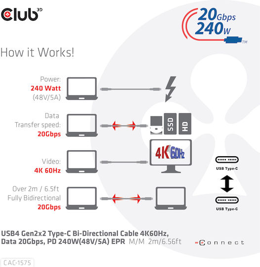 Club3D USB 4 Video Cable USB-C male - USB-C 240W PD Μαύρο 2m CAC-1575