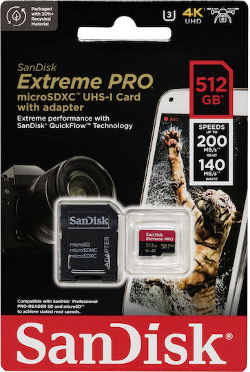Sandisk Extreme Pro microSDXC 512GB U3 V30 A2 UHS-I 200MB/s με αντάπτορα