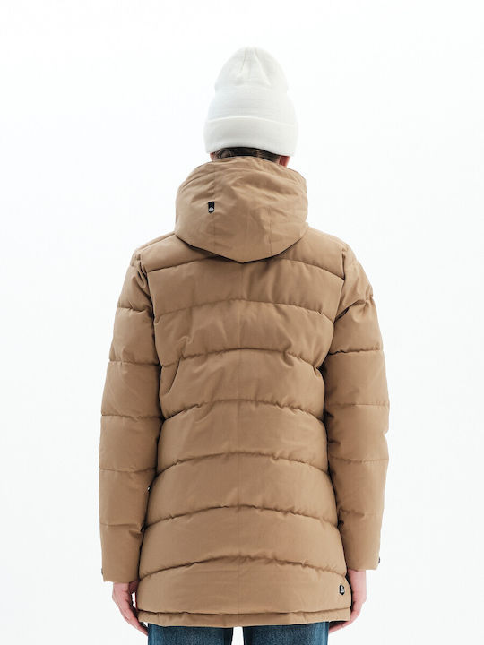 Basehit Women's Long Puffer Jacket for Winter with Hood Beige