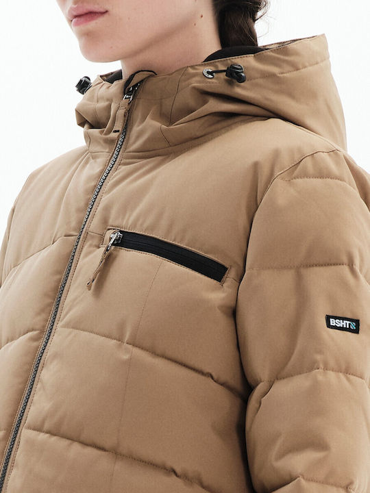 Women's Long Puffer Jacket for Winter with Hood Beige
