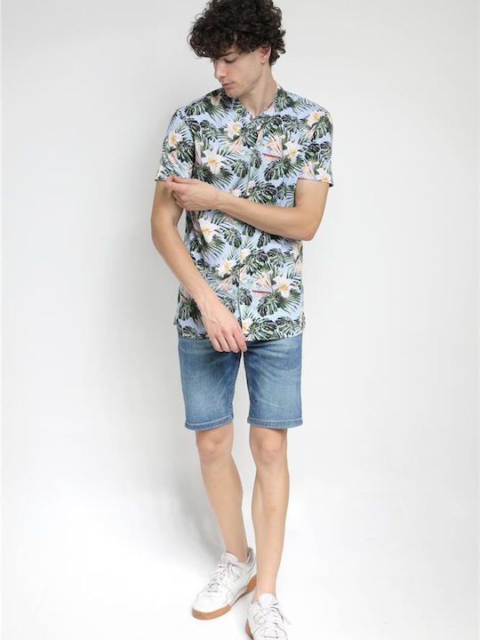 Short-sleeved Cotton Shirt Floral Lilac Sky