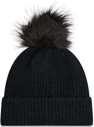 Winter Blur Pom Pom Beanie Unisex Beanie with Rib Knit in Black color