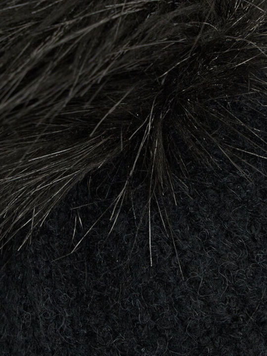 Winter Blur Pom Pom Beanie Unisex Σκούφος με Rib Πλέξη σε Μαύρο χρώμα