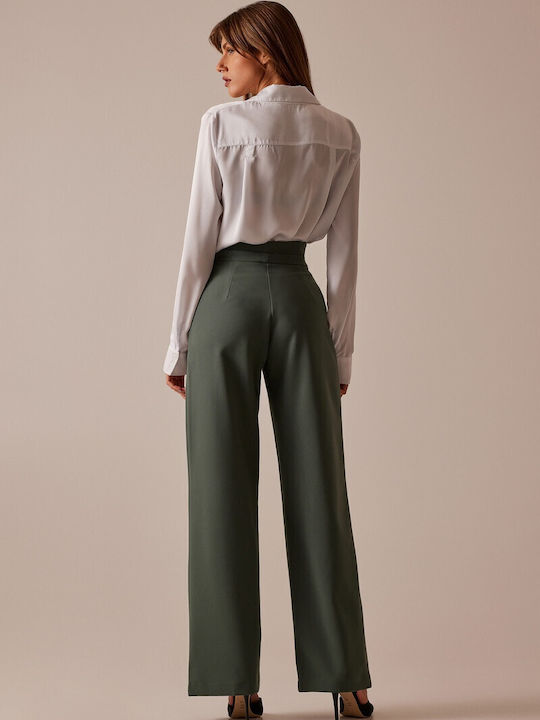 Mind Matter Women's High-waisted Fabric Trousers in Straight Line Khaki