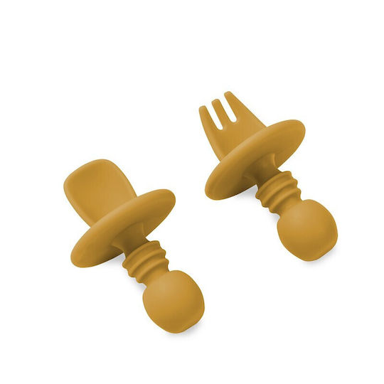 Interbaby Baby Set with Fork made of Silicone for 4+ months Yellow 2pcs