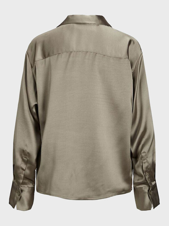 Langärmelig Damen Satin,σατεν Hemd Khaki Monochrom