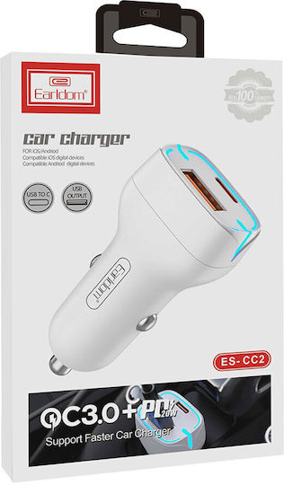 Earldom ES-CC2 Auto-Ladegerät 3A Schnellladung mit Anschlüssen: 1xUSB 1xType-C Schwarz Farbe