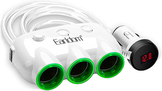 Earldom Car Charger with Ports: 2xUSB 3xLighter with Cable Embedded Black Color