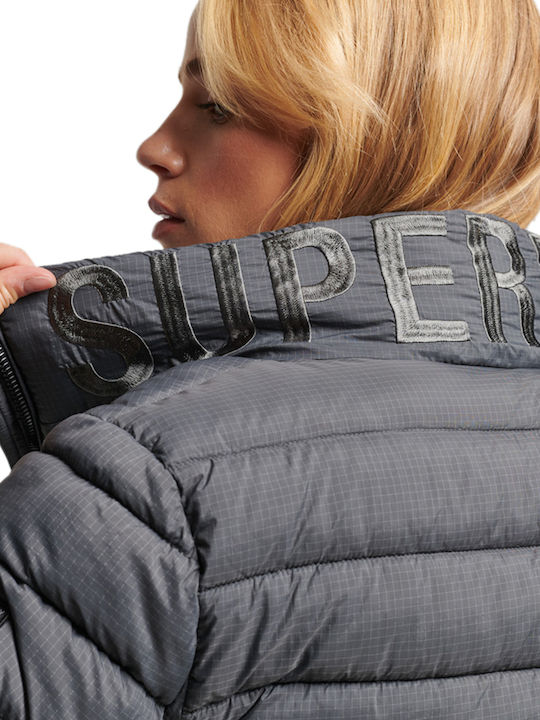 Women's Short Puffer Jacket for Winter Grid Charcoal