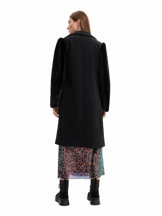 Desigual Μάλλινο Γυναικείο Μαύρο Παλτό με Γούνινες Λεπτομέρειες