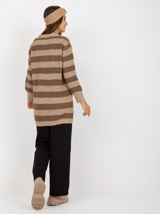 Rue Paris Damen Langarm Pullover mit V-Ausschnitt Gestreift Beige