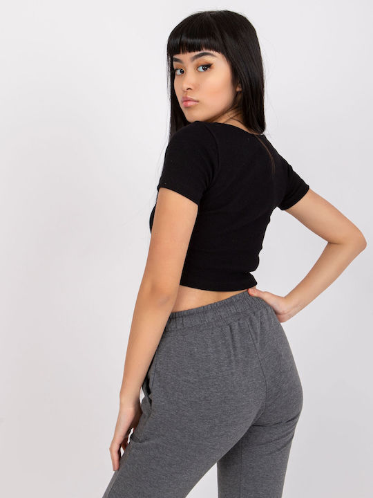 Rue Paris pentru Femei de Vară Crop Top din Bumbac cu Mâneci Scurte Monocrom Negru