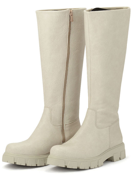 Leather Women's Boots with Zipper Beige