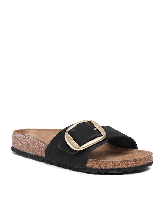 Madrid Big Buckle Leather Women's Flat Sandals Anatomic in Black Color Narrow Fit
