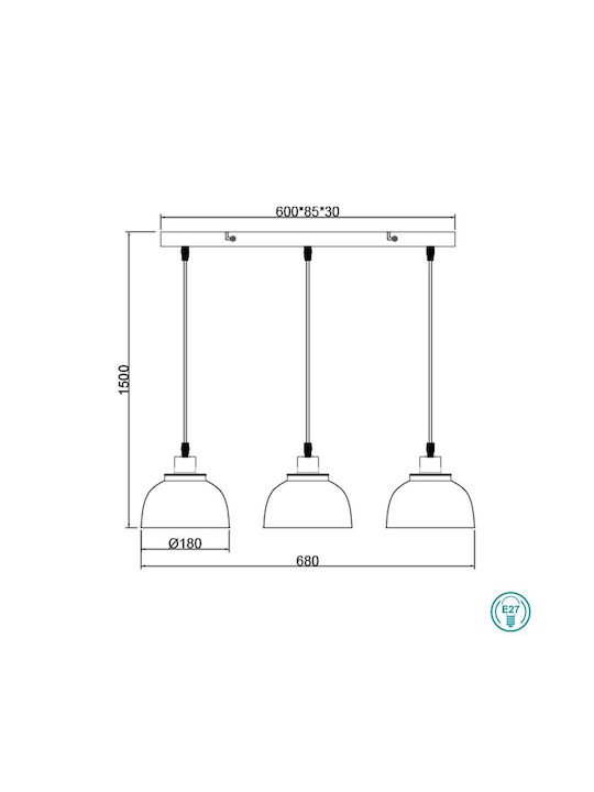 Trio Lighting Punch Adjustable Pendant Light Black Rail with Socket E27 68x18x150cm