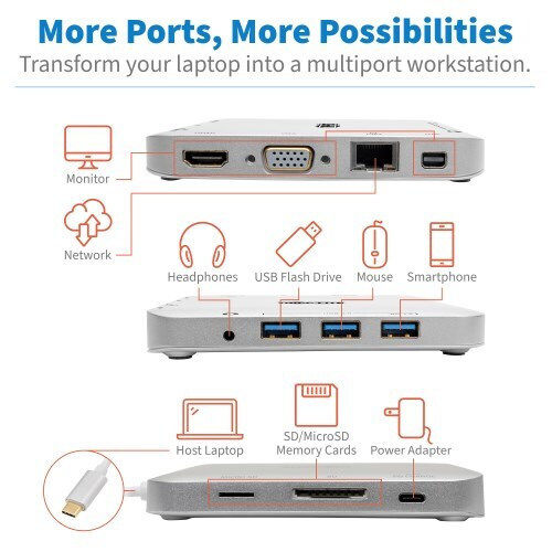 Tripp Lite USB-C Docking Station with HDMI DisplayPort 4K PowerDelivery Ethernet and 2 Monitors Connection Silver