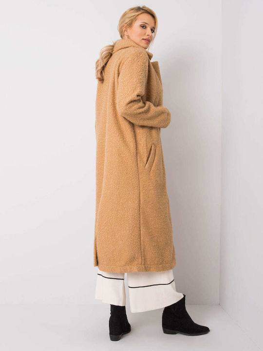 Rue Paris Women's Long Coat with Buttons Camel