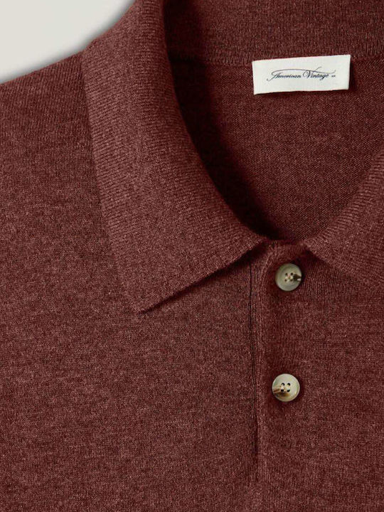 American Vintage Men's Long Sleeve Sweater Polo Burgundy